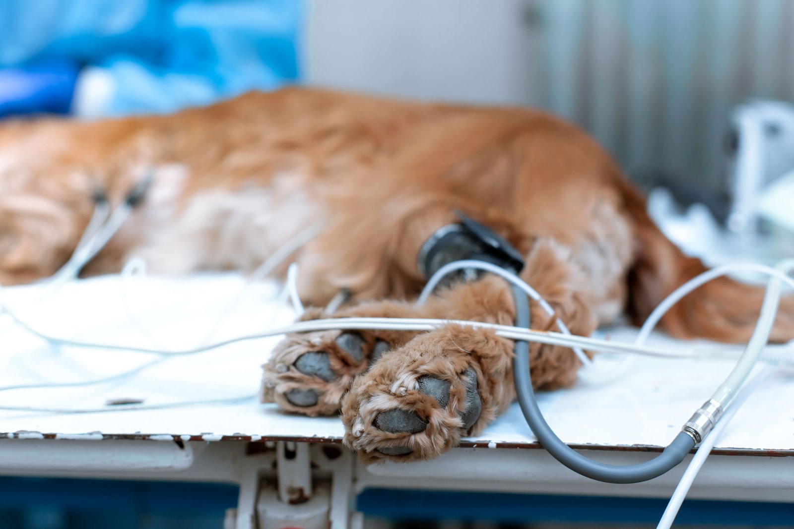 the dog is anesthetized on the operating table in a veterinary clinic.